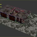 Abandoned Red Brick Building Model With Damaged Metal Roof And Weathered Stone Ground