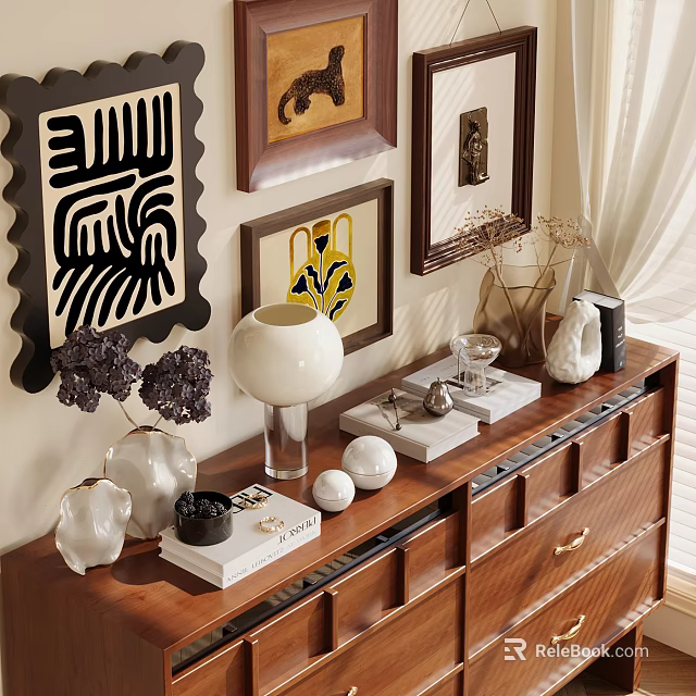 Elegant Ornamental Decor Set On Drawer Cabinet With Lamp Vases And Paintings 3d model 