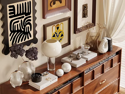 Elegant Ornamental Decor Set On Drawer Cabinet With Lamp Vases And Paintings 3d model