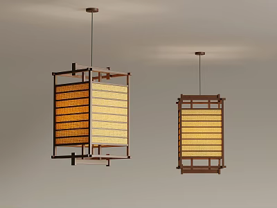 Elegant Traditional Japanese Wooden Frame Chandeliers With Woven Warm Tone Shades 3d model