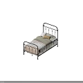 Single Bed with Black Iron Frame White Yellow Pillows Striped Sheets and Light Blanket