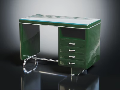 Modern Green Desk Furniture With Glass Top Metal Frame And Drawers 3d model