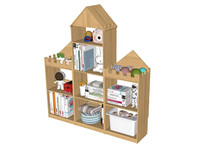 Wooden Castle Shaped Children's Bookshelf With Books Toys Stuffed Animals And Storage Boxes 3d model