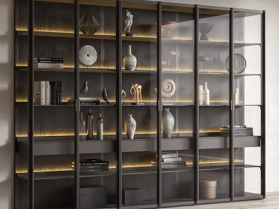 Modern Black Frame Display Cabinet With Glass Doors Built In Lighting And Decorative Items 3d model