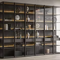 Modern Black Frame Display Cabinet With Glass Doors Built In Lighting And Decorative Items