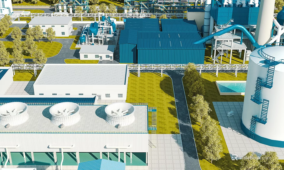 Industrial Plant With Blue Roof Piping System Cooling Towers Green Area And Road 3d model 