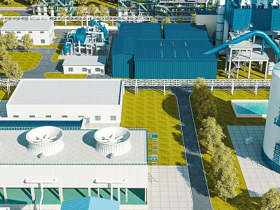Industrial Plant With Blue Roof Piping System Cooling Towers Green Area And Road 3d model