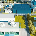 Industrial Plant With Blue Roof Piping System Cooling Towers Green Area And Road
