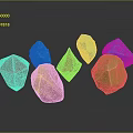Colorful Geometric Sculptures with Shiny Polyhedral Shapes on Gray Background and Reflections