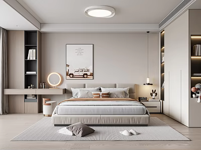 Modern Bedroom Interior Design With Beige Bed Multiple Pillows Rug Wall Painting And Round Mirror 3d model