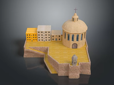 Historic Dome Building With Cross Yellow White Adjacent Buildings Stone Platform Wall And Small Tower 3d model