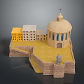 Historic Dome Building With Cross Yellow White Adjacent Buildings Stone Platform Wall And Small Tower
