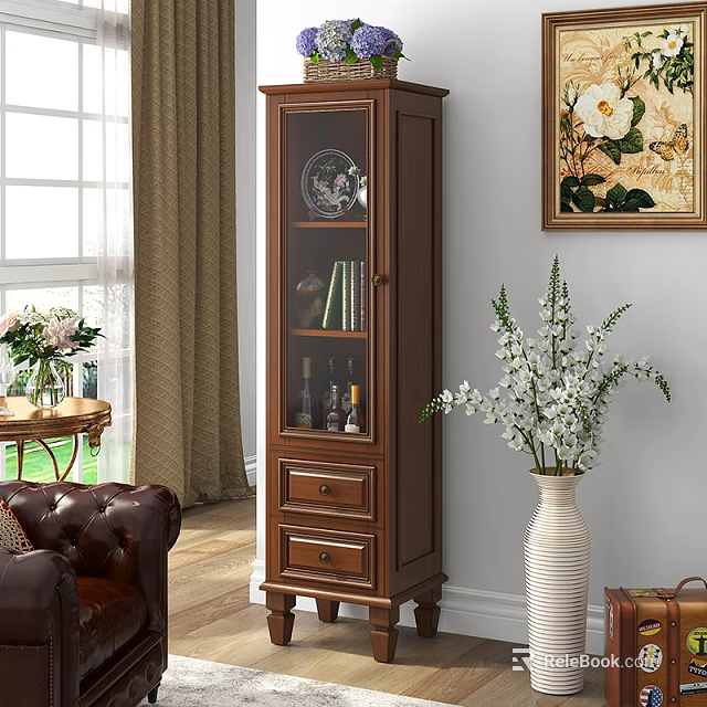 Classic Wooden Bookcase With Glass Doors Holding Books And Decorative Items In Living Room 3d model 