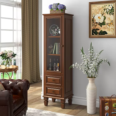 Classic Wooden Bookcase With Glass Doors Holding Books And Decorative Items In Living Room 3d model