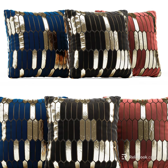 Stylish Throw Pillows Featuring Blue Black Red and Gold Striped Patterns 3d model 