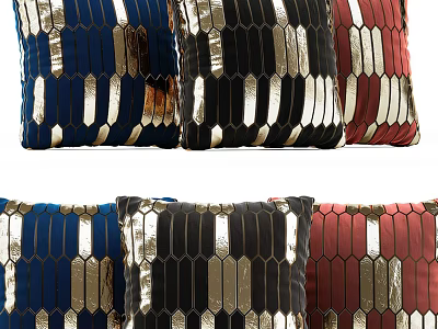 Stylish Throw Pillows Featuring Blue Black Red and Gold Striped Patterns 3d model