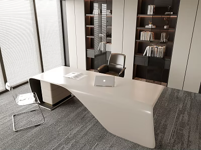Modern White Office Desk With Laptop Papers Black Chair And Bookshelves 3d model