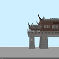 Ancient Chinese Architecture Gateway With Curved Eaves Wooden Structure And Stone Base