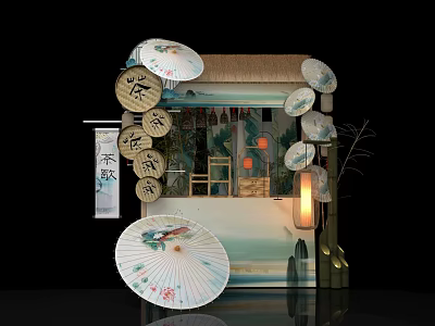 Antique Chinese Tea Scene With Paper Umbrellas Lanterns Bamboo And Thatched Decorations 3d model