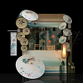 Antique Chinese Tea Scene With Paper Umbrellas Lanterns Bamboo And Thatched Decorations