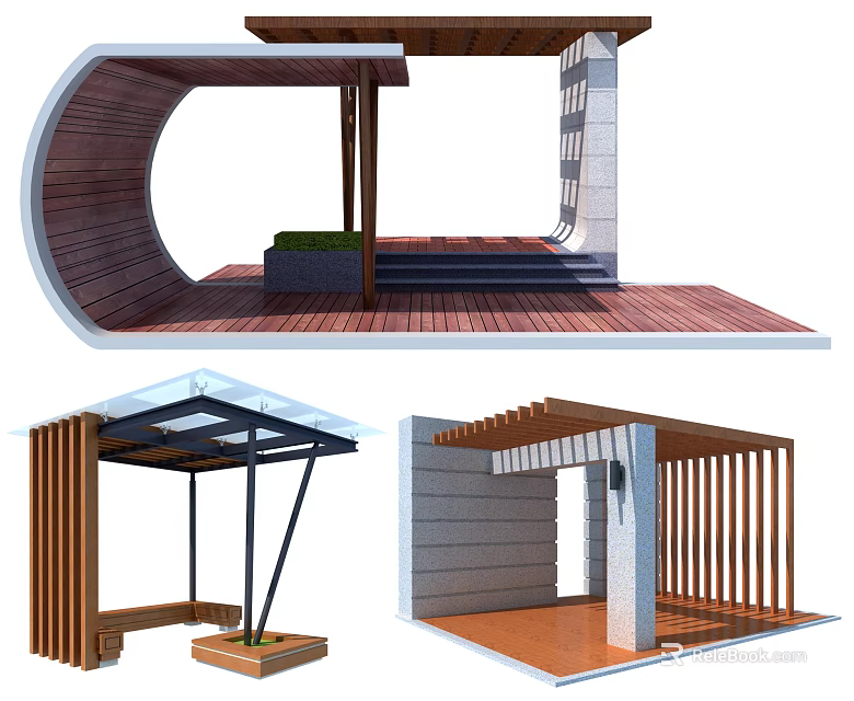 Modern Outdoor Pavilion Designs With Wooden Structures Glass Roof And Stone Walls 3d model 