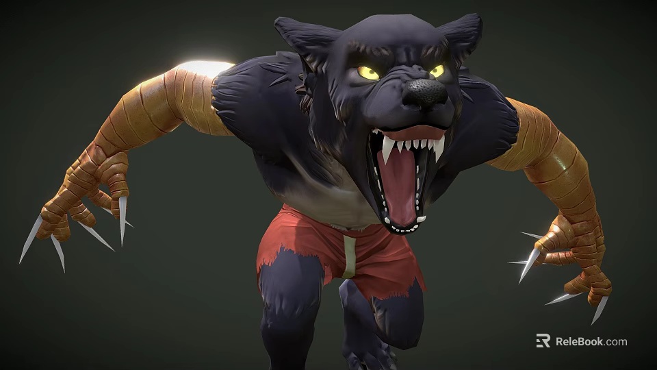 Game Movie Werewolf Character With Black Fur Yellow Eyes Sharp Fangs Bandaged Arms Red Shorts 3d model 