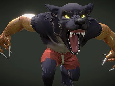Game Movie Werewolf Character With Black Fur Yellow Eyes Sharp Fangs Bandaged Arms Red Shorts 3d model