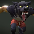 Game Movie Werewolf Character With Black Fur Yellow Eyes Sharp Fangs Bandaged Arms Red Shorts