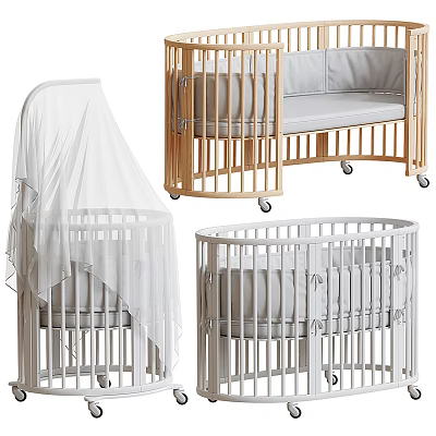 Stylish Baby Cribs Wooden Frame Design With White Canopy Light Gray Mattress And Wheels 3d model