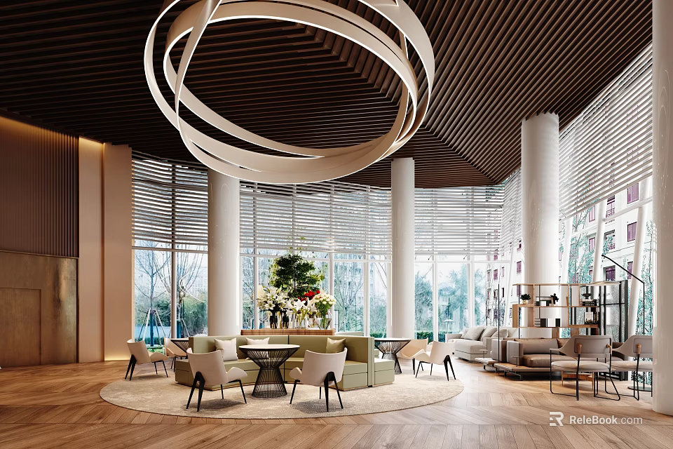 Modern Sales Office Interior With Circular Pendant Light Wooden Ceiling And Large Windows 3d model 