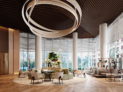 Modern Sales Office Interior With Circular Pendant Light Wooden Ceiling And Large Windows 3d model