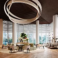 Modern Sales Office Interior With Circular Pendant Light Wooden Ceiling And Large Windows