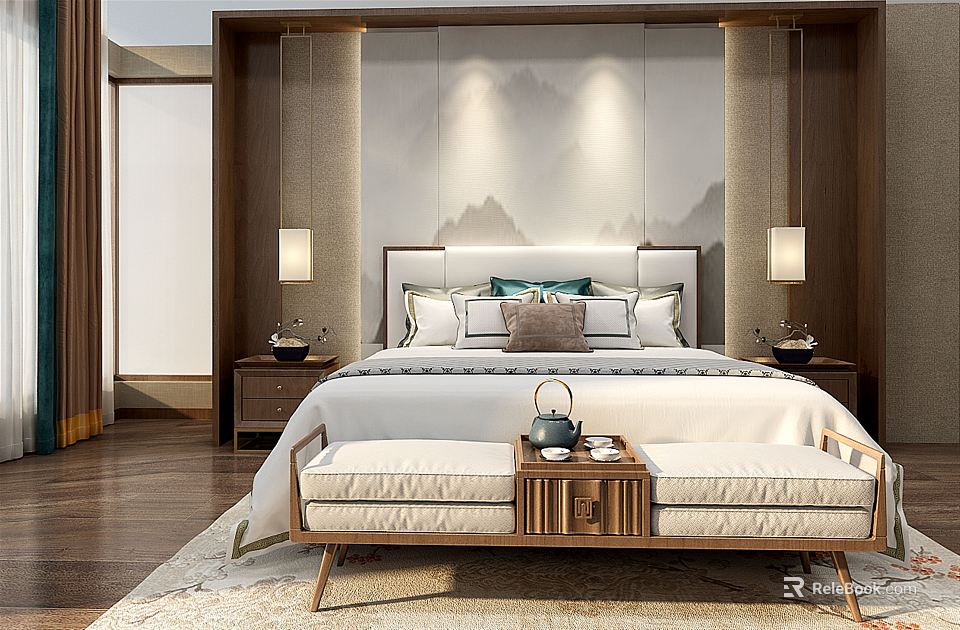 Modern Chinese Interior Featuring Double Bed With Mountain Landscape Background Wooden Nightstands And Cushioned Bench 3d model 