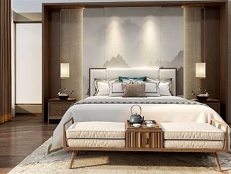 New Chinese background double bed combination 3d model