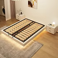 Modern Minimalist Double Bed with LED Lighting Nightstands and Wall Art on Wooden Floor