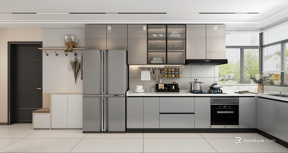 Modern Kitchen Interior With Stainless Steel Cabinets Double Door Refrigerator And Glass Door Upper Cabinets 3d model 