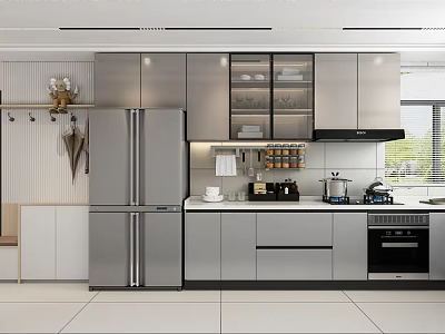 Modern Kitchen Interior With Stainless Steel Cabinets Double Door Refrigerator And Glass Door Upper Cabinets 3d model