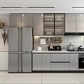 Modern Kitchen Interior With Stainless Steel Cabinets Double Door Refrigerator And Glass Door Upper Cabinets