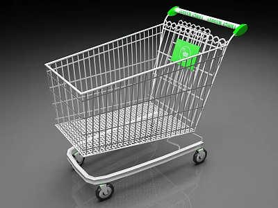 Public Facility Shopping Cart With Metal Frame Green Handle And Wheels For Supermarket 3d model