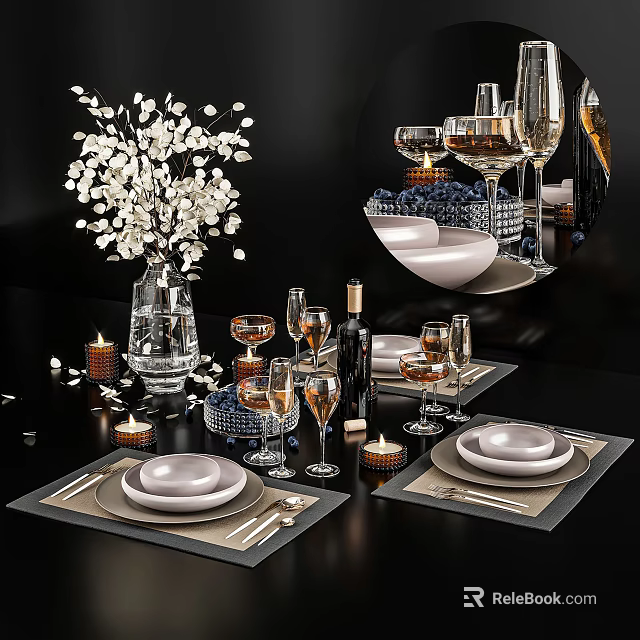 Elegant Dinnerware Set With Plates Wine Glasses Candles And Floral Vase For Modern Dining Table 3d model 