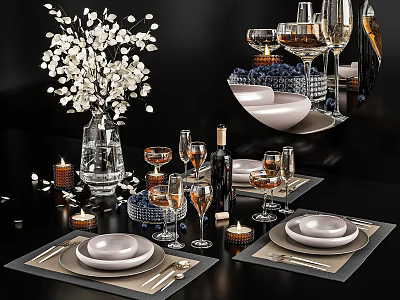 Elegant Dinnerware Set With Plates Wine Glasses Candles And Floral Vase For Modern Dining Table 3d model