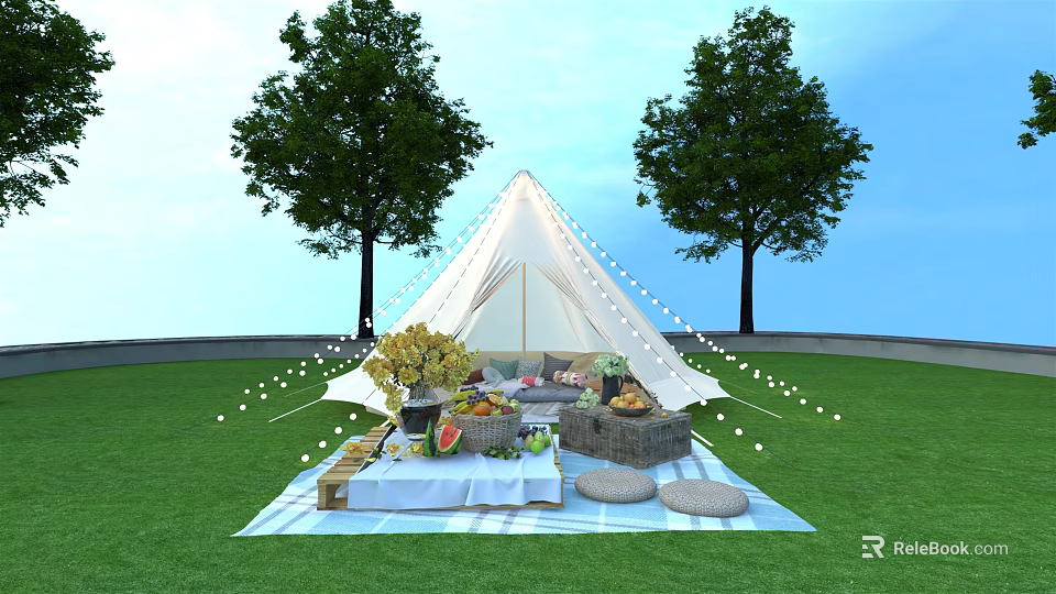 White Canvas Tent With String Lights And Picnic Setup On Green Grass 3d model