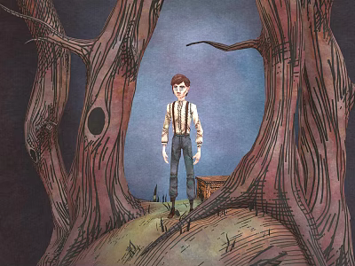 Cartoon Style Scene With Boy Standing Between Large Trees And Evening Sky Background 3d model