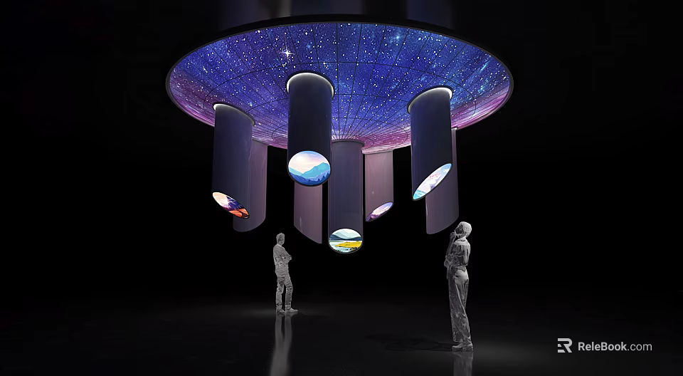 Starry Sky Ceiling Exhibition Space With Columns Circular Screens And Human Figures 3d model 