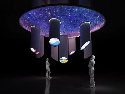 Starry Sky Ceiling Exhibition Space With Columns Circular Screens And Human Figures 3d model