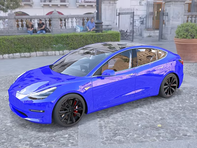Blue Modern Sedan with Sleek Design and Black Wheels on Urban Cobblestone Street 3d model