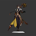 Vibrant Robed Game Movie Character Holding Golden Orb with Flowing Cape Standing on White Base