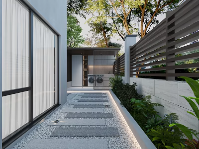 Modern Garden Design With Stone Pathway Green Plants And Fence Lighting 3d model