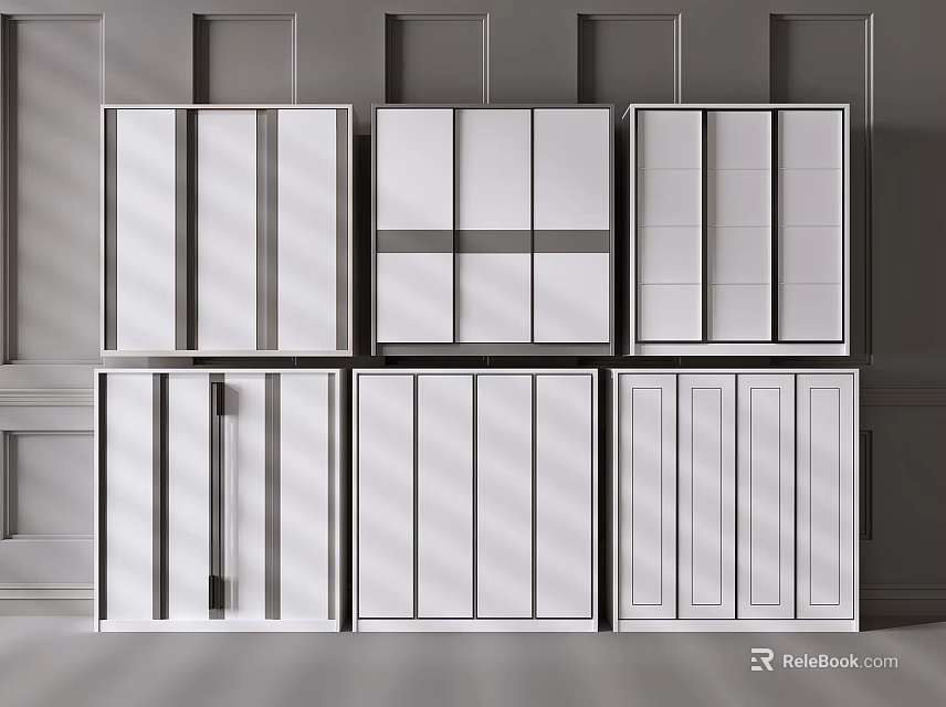 Modern White Wardrobe Collection With Different Panel And Sliding Door Designs 3d model 