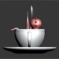 White Coffee Cup With Brown Swirl Liquid Pink Creature Silver Spoon Blue Object On Saucer